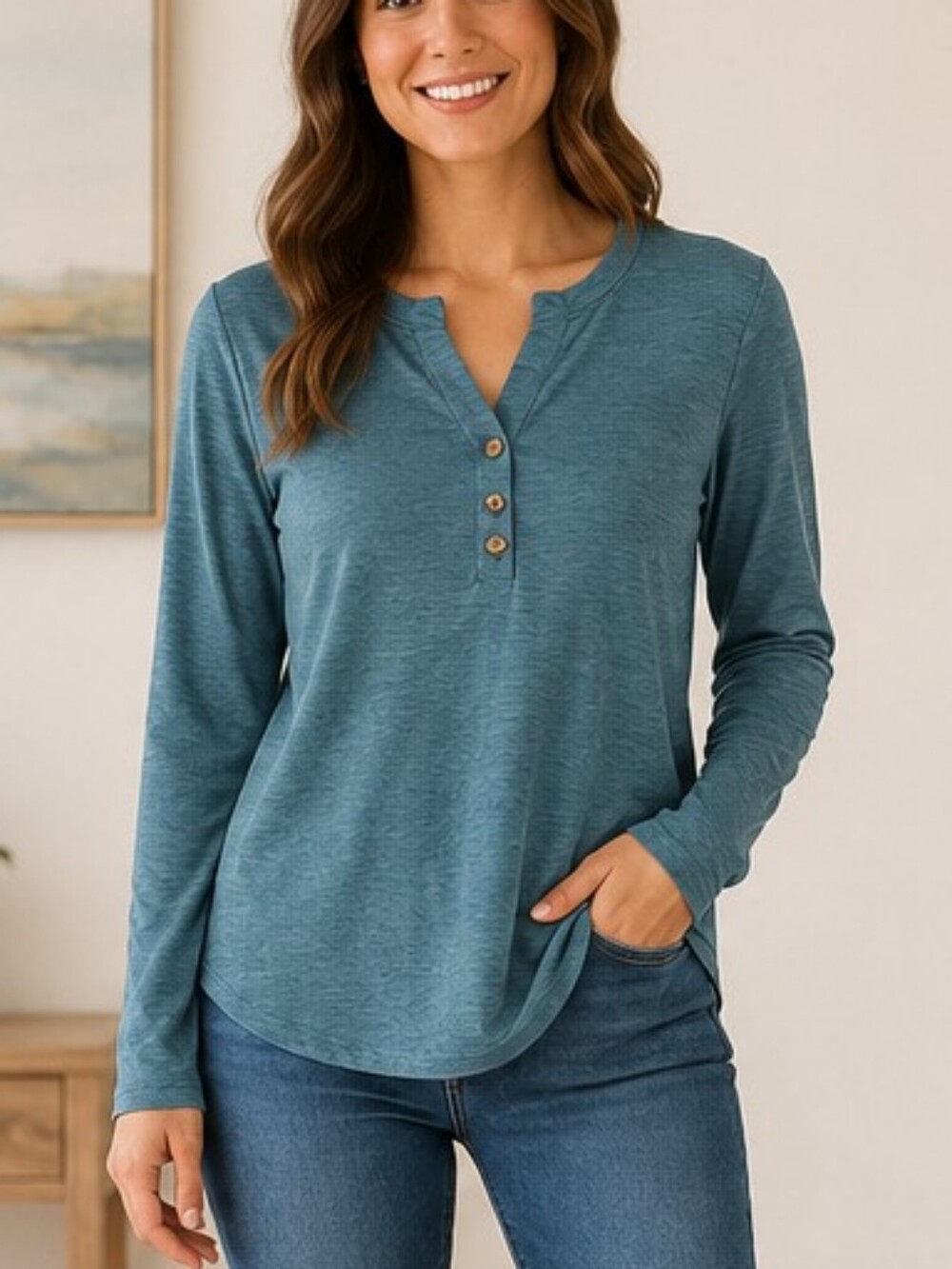 Sunbs Women’s Long Sleeve Henley Top – Size Large